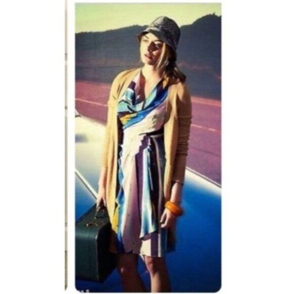 Tracy Reese Silk Watercolor Draped Sheath Dress Stripes Size 10 - Picture 9 of 9